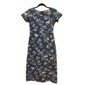 Liz Claiborne Midi‎ Floral Dress Blue Womens Size 4P Short Sleeve Square Neck